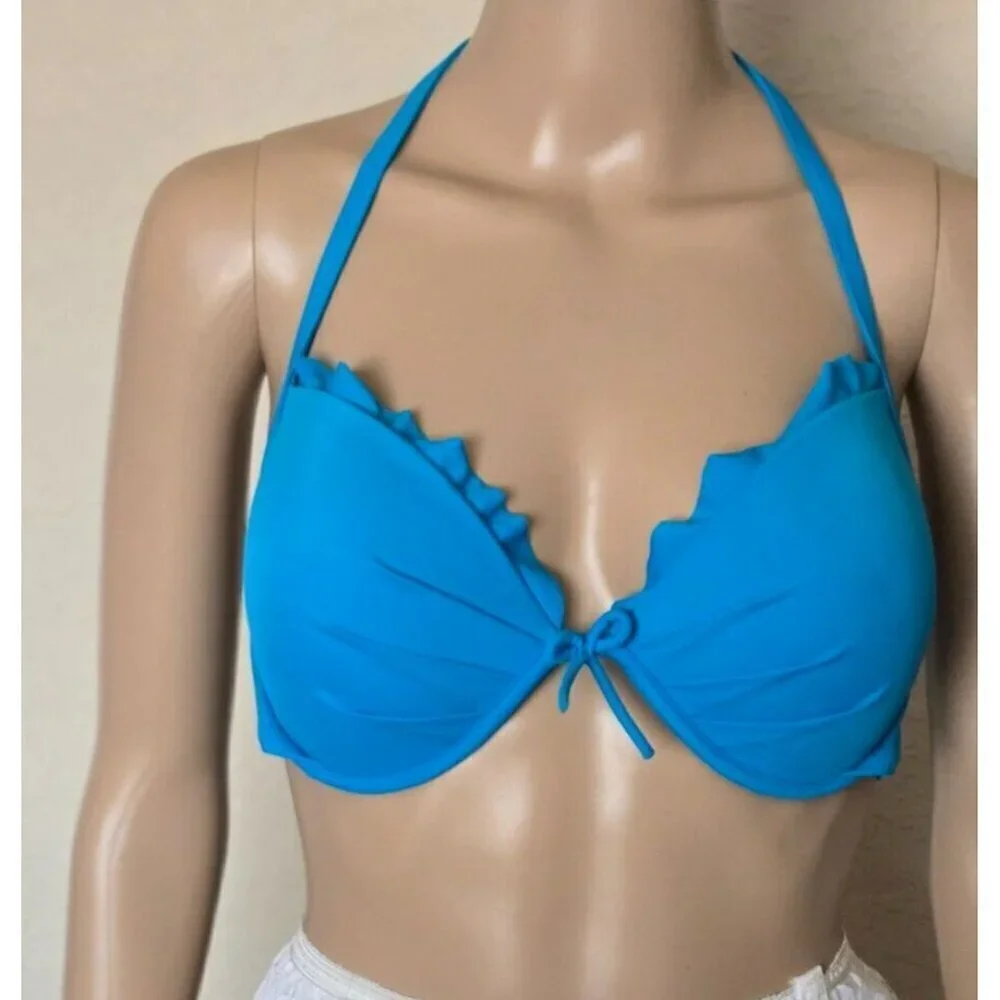Victoria's Secret Fabulous Push Up Bikini Top blue Ruffle halter size 36D